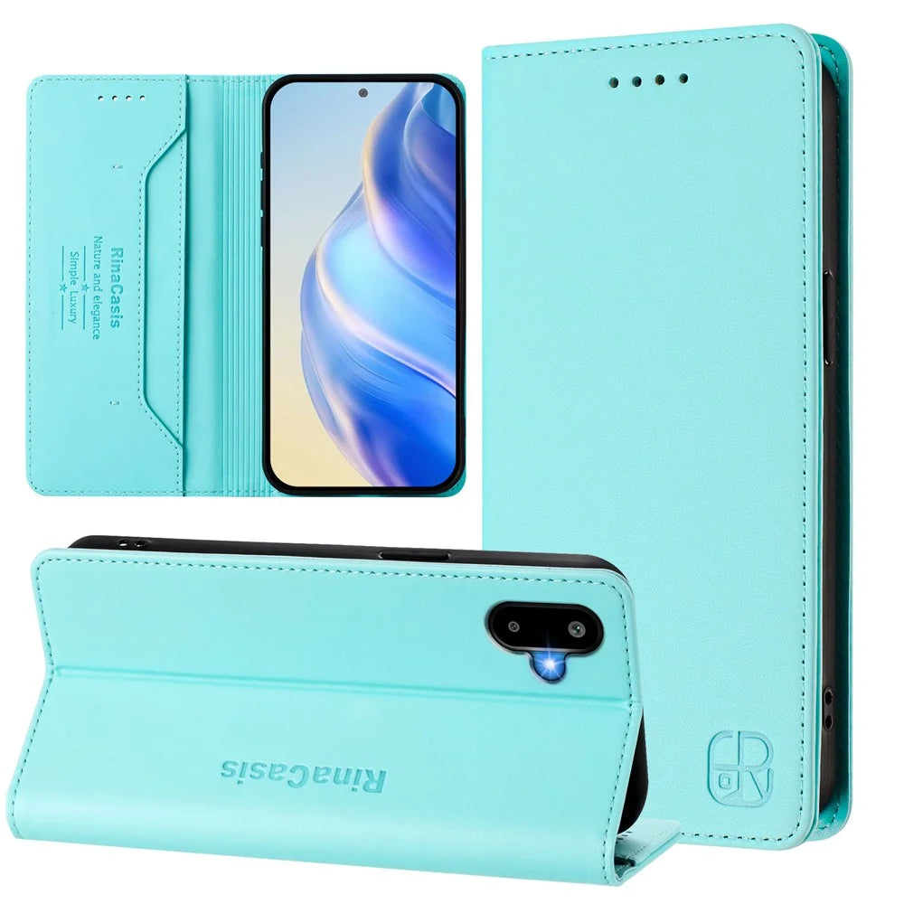 For Samsung Galaxy M06 5G / Galaxy F06 5G Leather Case RINACASIS RC01 Phone Cover with RFID Blocking Wallet Stand - Mint Green - 3
