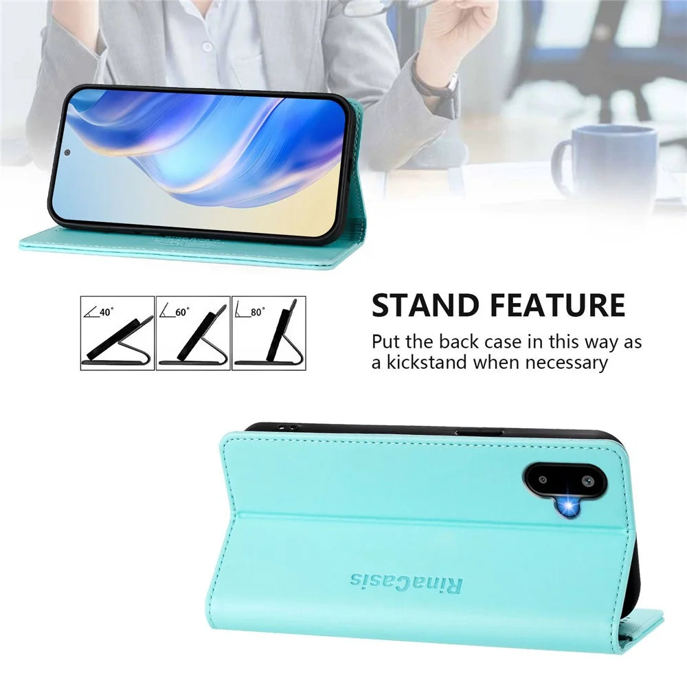 For Samsung Galaxy M06 5G / Galaxy F06 5G Leather Case RINACASIS RC01 Phone Cover with RFID Blocking Wallet Stand - Mint Green - 4