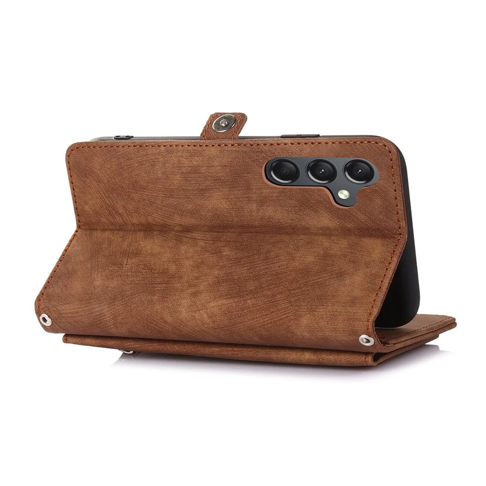For Samsung Galaxy A35 5G Case Zipper Pocket 9 Card Slots PU Leather Phone Cover with Wrist Strap - Brown - 4
