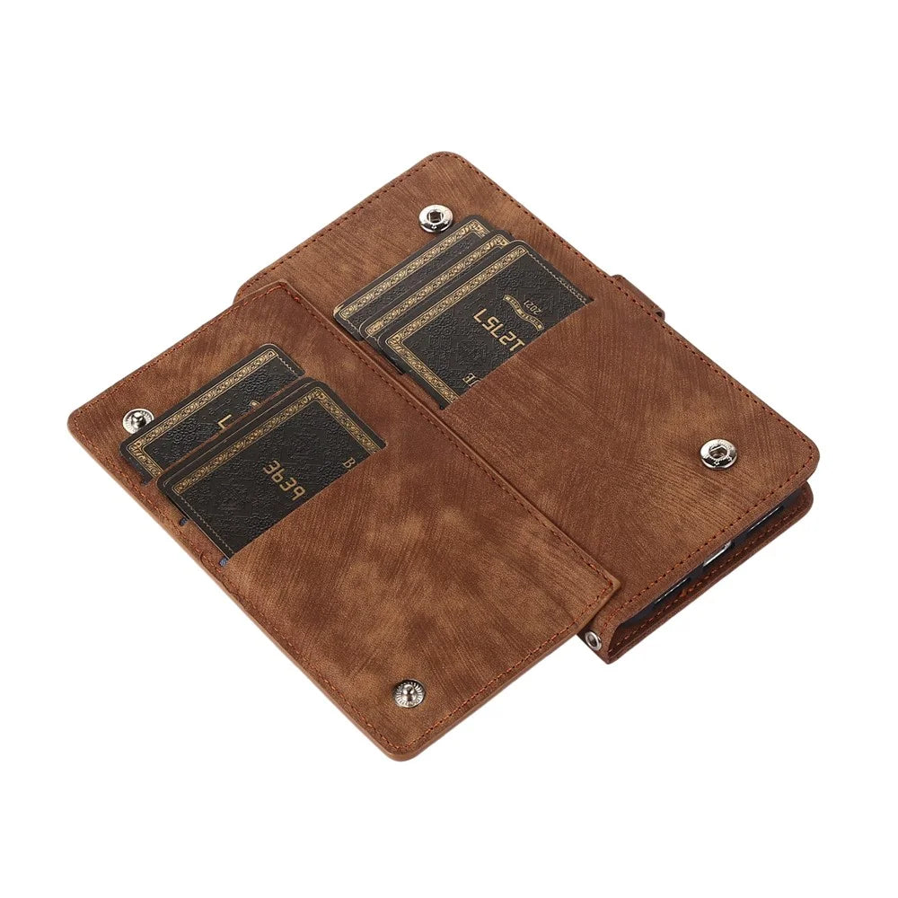 For Samsung Galaxy A35 5G Case Zipper Pocket 9 Card Slots PU Leather Phone Cover with Wrist Strap - Brown - 5