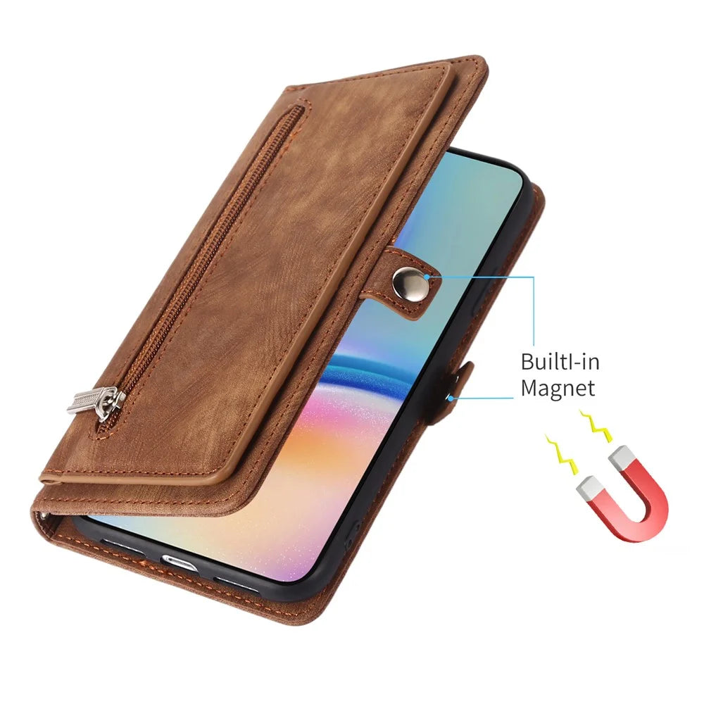 For Samsung Galaxy A35 5G Case Zipper Pocket 9 Card Slots PU Leather Phone Cover with Wrist Strap - Brown - 6
