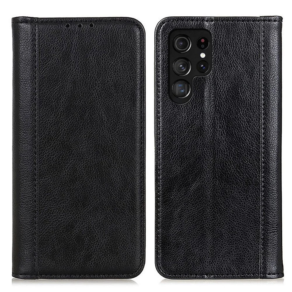For Samsung Galaxy S23 Ultra Drop-proof Litchi Texture Phone Case Split Leather Auto Closing Magnetic Flip Wallet Cover with Stand - Black - 1