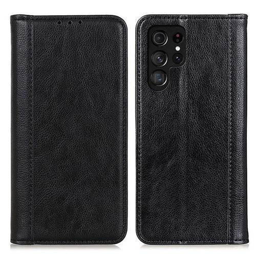 For Samsung Galaxy S23 Ultra Drop-proof Litchi Texture Phone Case Split Leather Auto Closing Magnetic Flip Wallet Cover with Stand - Black - 1