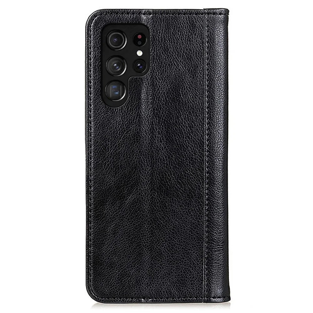 For Samsung Galaxy S23 Ultra Drop-proof Litchi Texture Phone Case Split Leather Auto Closing Magnetic Flip Wallet Cover with Stand - Black - 7