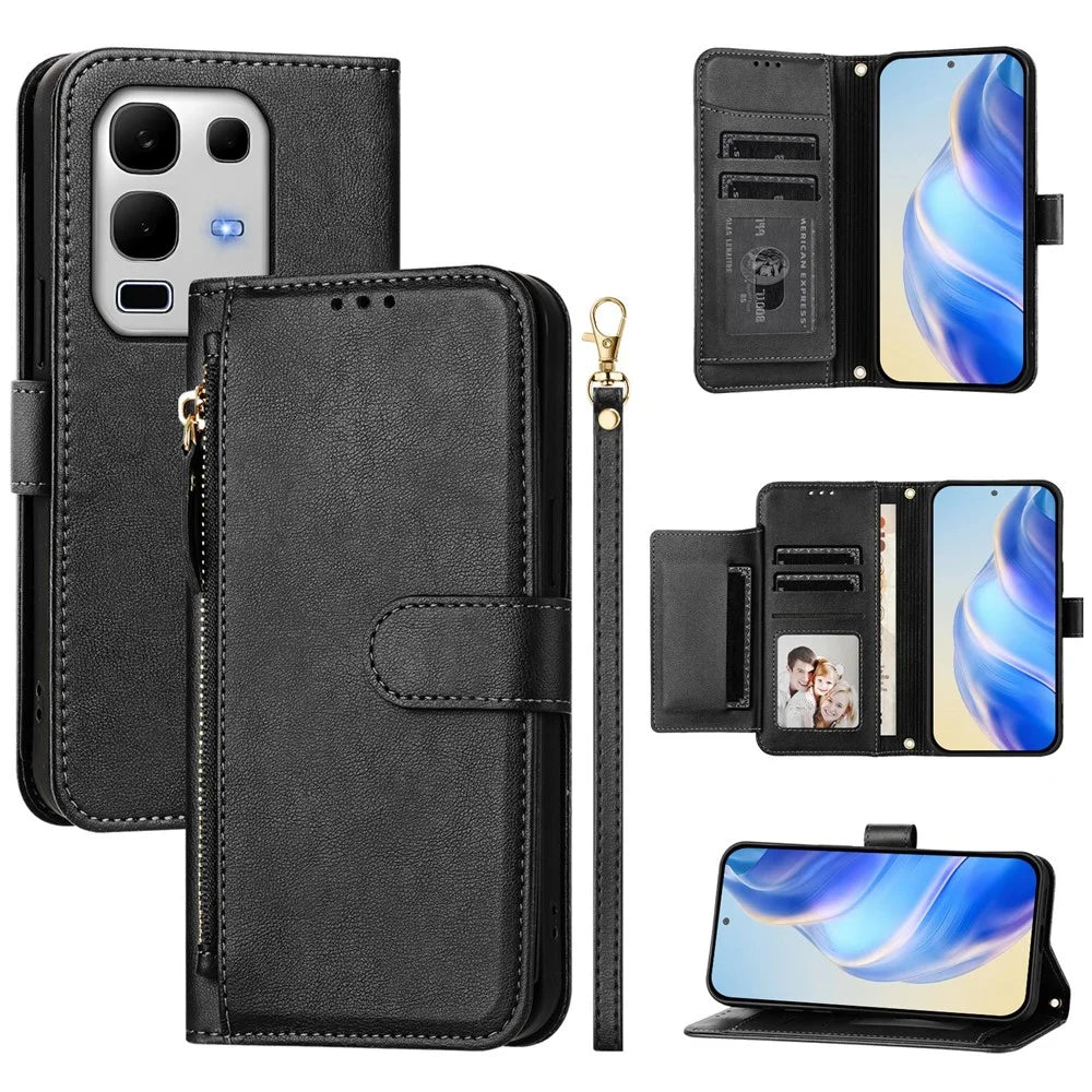 For Infinix Note 50s 5G Case Zipper Pocket Multiple Card Slots Leather Phone Cover - Black - 1