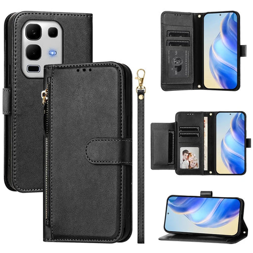 For Infinix Note 50s 5G Case Zipper Pocket Multiple Card Slots Leather Phone Cover - Black - 1