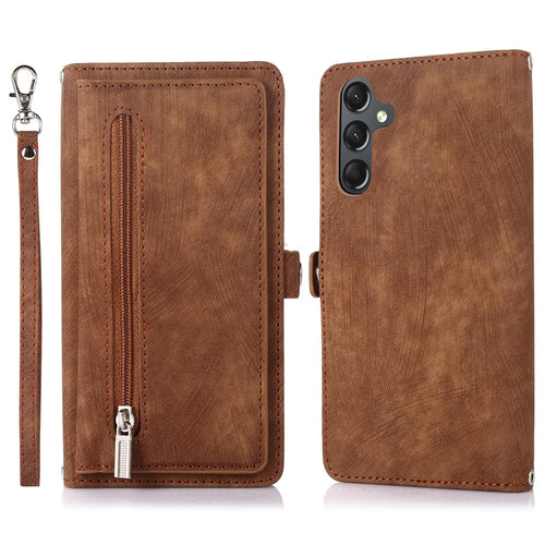 For Samsung Galaxy A55 5G Case Zipper Pocket 9 Card Slots PU Leather Phone Cover with Wrist Strap - Brown - 1