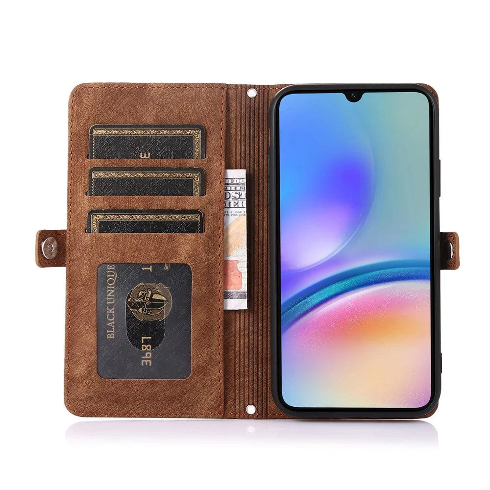 Phone Case For Samsung Galaxy A16 4G / 5G / A26 5G , Zipper Pocket 9 Card Slots PU Leather Cover with Wrist Strap - Brown - 2