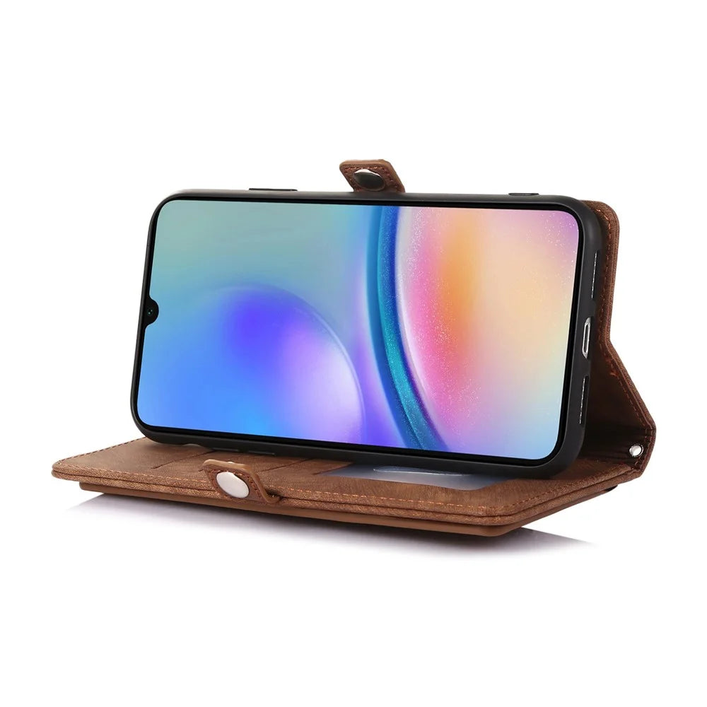Phone Case For Samsung Galaxy A16 4G / 5G / A26 5G , Zipper Pocket 9 Card Slots PU Leather Cover with Wrist Strap - Brown - 3