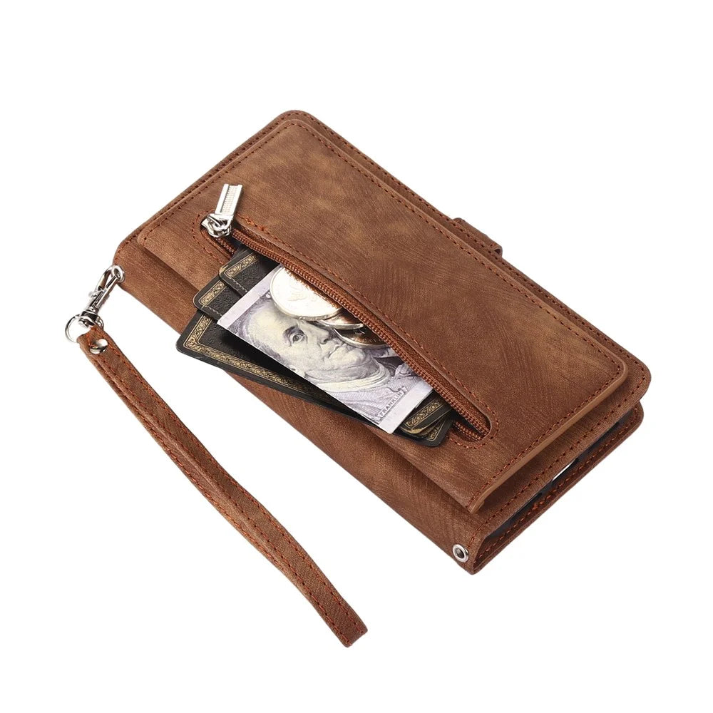 Phone Case For Samsung Galaxy A16 4G / 5G / A26 5G , Zipper Pocket 9 Card Slots PU Leather Cover with Wrist Strap - Brown - 7