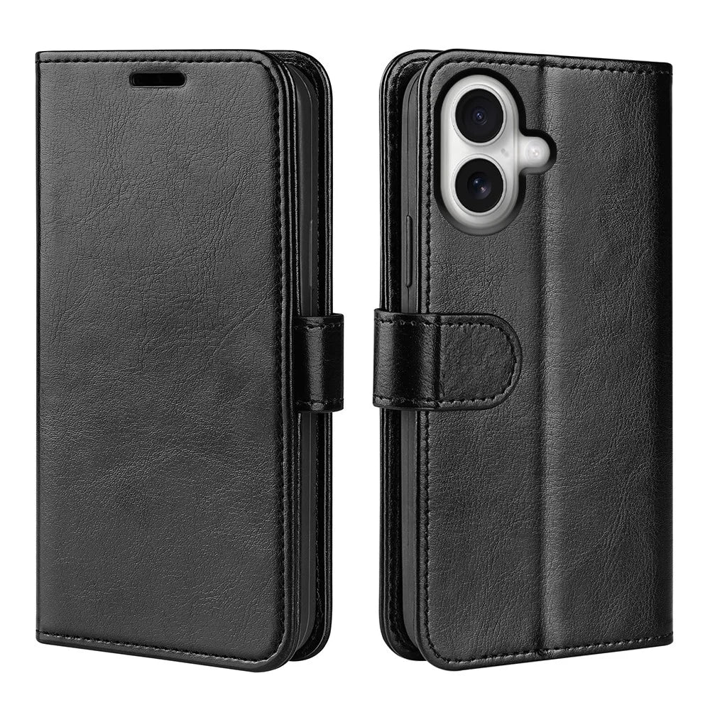 For iPhone 17 Case Crazy Horse Texture Stand Leather Phone Cover - Black - 1