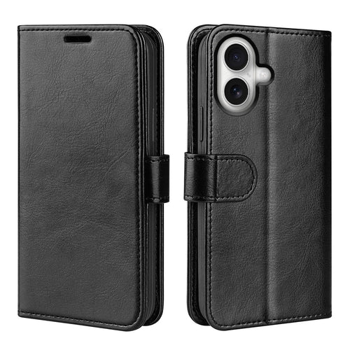 For iPhone 17 Case Crazy Horse Texture Stand Leather Phone Cover - Black - 1
