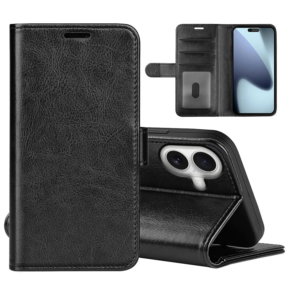 For iPhone 17 Case Crazy Horse Texture Stand Leather Phone Cover - Black - 2