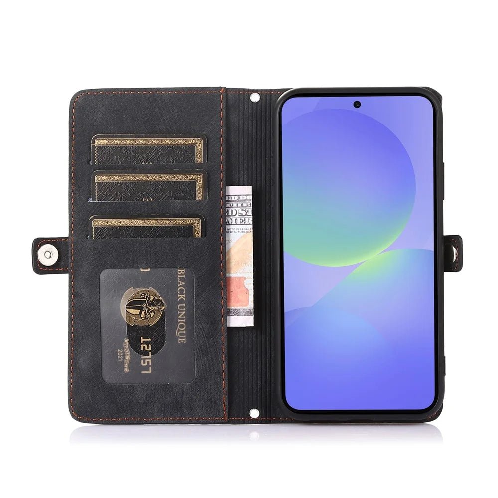For Samsung Galaxy A36 5G Case Zipper Pocket 9 Card Slots PU Leather Phone Cover with Wrist Strap - Black - 2
