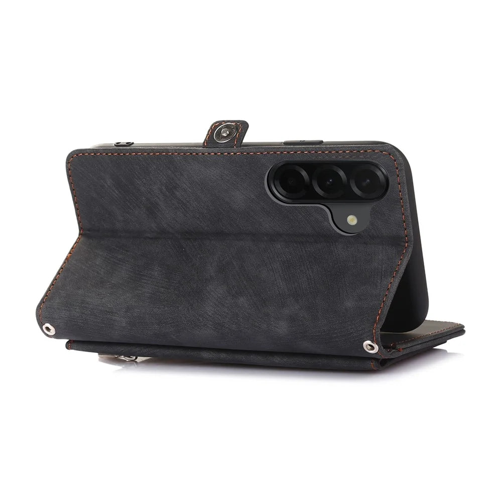 For Samsung Galaxy A36 5G Case Zipper Pocket 9 Card Slots PU Leather Phone Cover with Wrist Strap - Black - 4