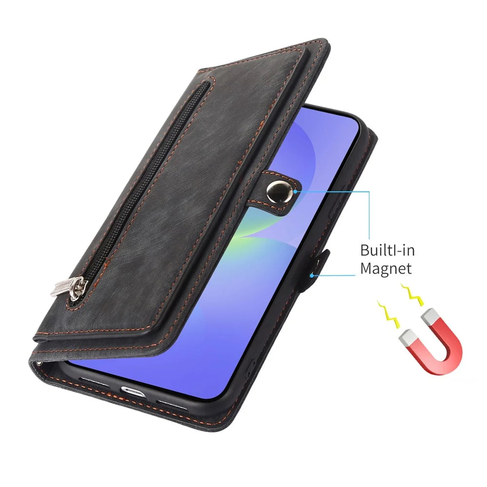 For Samsung Galaxy A36 5G Case Zipper Pocket 9 Card Slots PU Leather Phone Cover with Wrist Strap - Black - 6