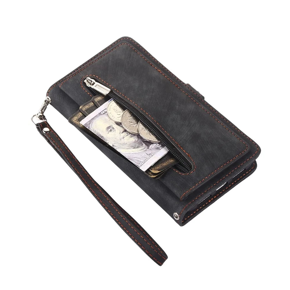 For Samsung Galaxy A36 5G Case Zipper Pocket 9 Card Slots PU Leather Phone Cover with Wrist Strap - Black - 7