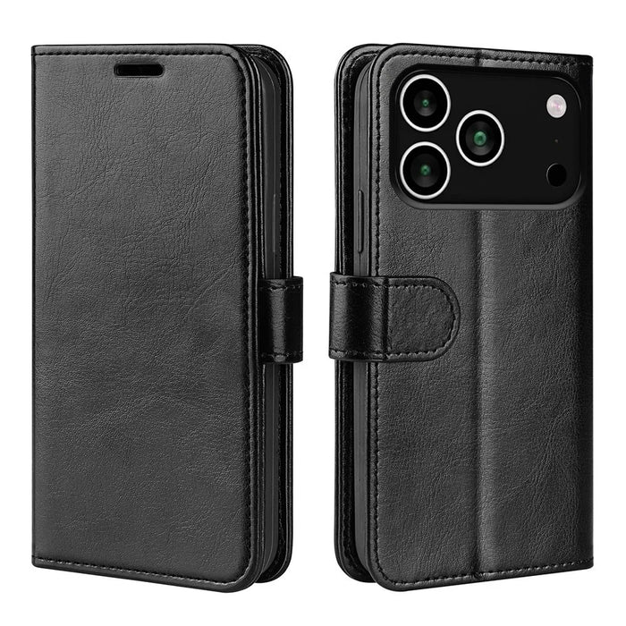 For iPhone 18 Pro / 17 Pro Case Crazy Horse Texture Stand Leather Phone Cover - Black - 1