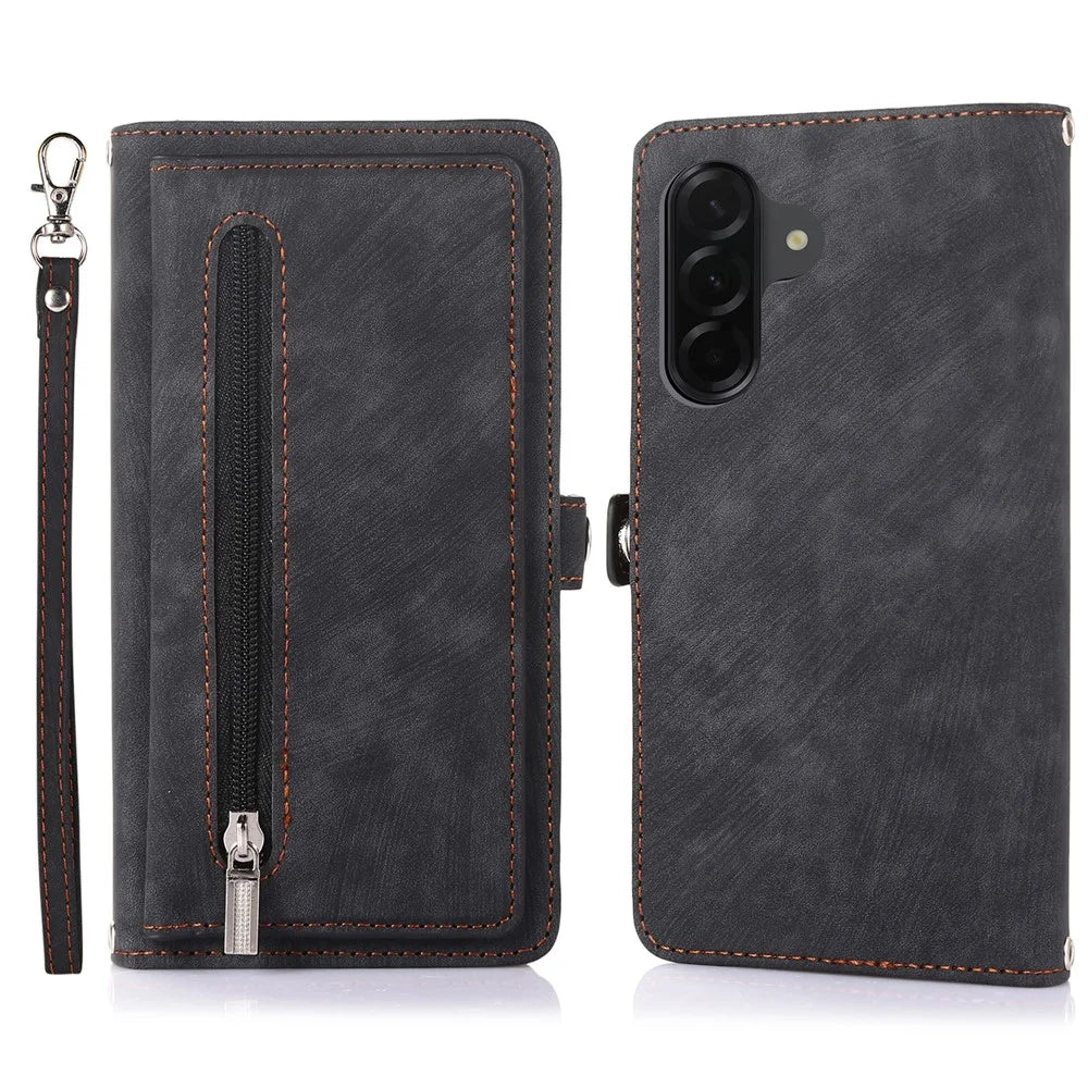 For Samsung Galaxy A56 5G Case Zipper Pocket 9 Card Slots PU Leather Phone Cover with Wrist Strap - Black - 1