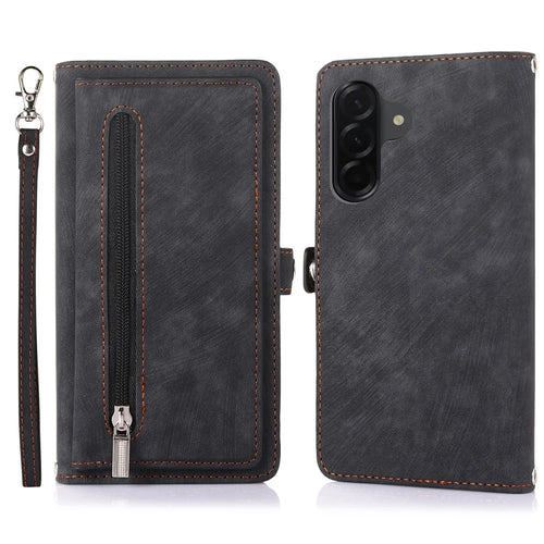 For Samsung Galaxy A05s 4G Case Zipper Pocket 9 Card Slots PU Leather Phone Cover with Wrist Strap - Black - 1