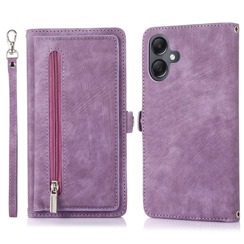 For Samsung Galaxy A05 4G Case Zipper Pocket 9 Card Slots PU Leather Phone Cover with Wrist Strap - Purple - 1