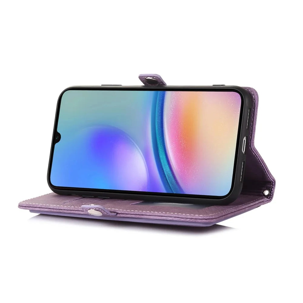 For Samsung Galaxy A05 4G Case Zipper Pocket 9 Card Slots PU Leather Phone Cover with Wrist Strap - Purple - 3