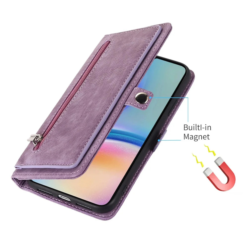 For Samsung Galaxy A05 4G Case Zipper Pocket 9 Card Slots PU Leather Phone Cover with Wrist Strap - Purple - 6