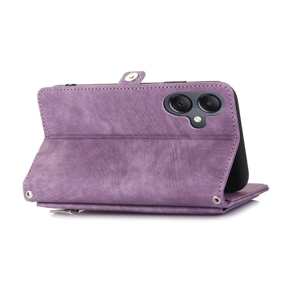For Samsung Galaxy  A06 4G / 5G Case Zipper Pocket 9 Card Slots PU Leather Phone Cover with Wrist Strap - Purple - 4