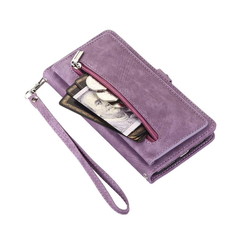 For Samsung Galaxy  A06 4G / 5G Case Zipper Pocket 9 Card Slots PU Leather Phone Cover with Wrist Strap - Purple - 7