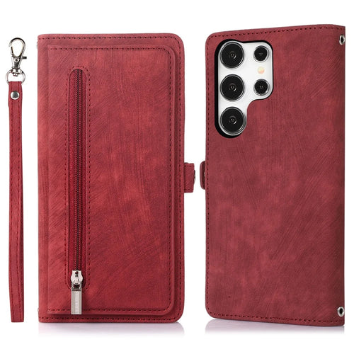 For Samsung Galaxy S25 Ultra Case Zipper Pocket 9 Card Slots PU Leather Phone Cover with Wrist Strap - Red - 1