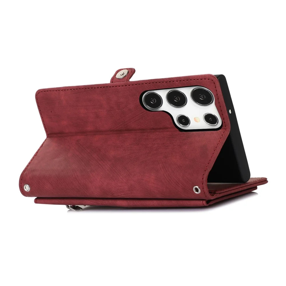 For Samsung Galaxy S25 Ultra Case Zipper Pocket 9 Card Slots PU Leather Phone Cover with Wrist Strap - Red - 3