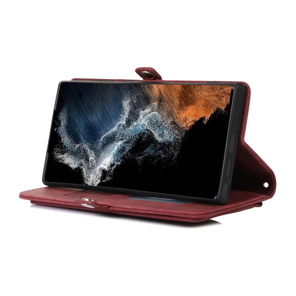 For Samsung Galaxy S25 Ultra Case Zipper Pocket 9 Card Slots PU Leather Phone Cover with Wrist Strap - Red - 4