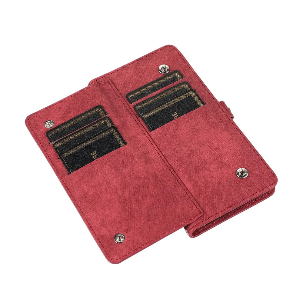 For Samsung Galaxy S25 Ultra Case Zipper Pocket 9 Card Slots PU Leather Phone Cover with Wrist Strap - Red - 5