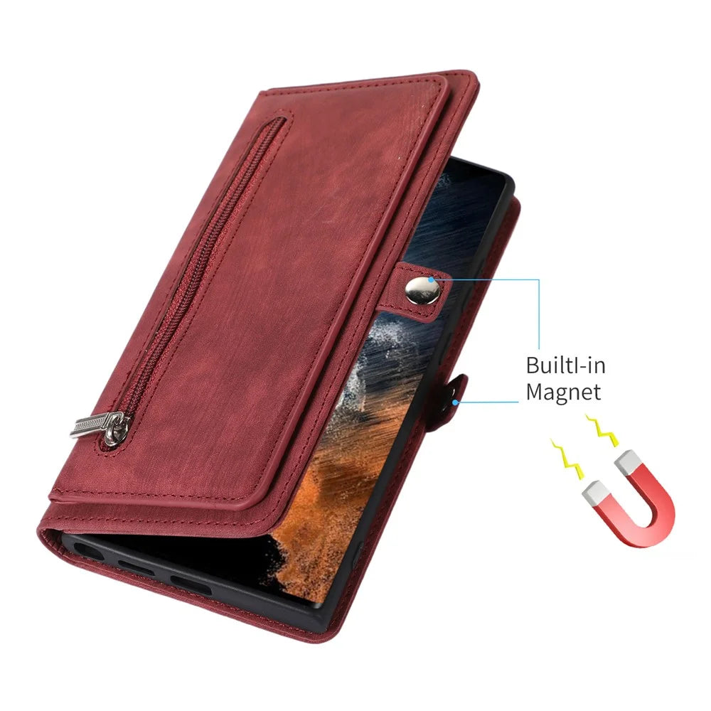 For Samsung Galaxy S25 Ultra Case Zipper Pocket 9 Card Slots PU Leather Phone Cover with Wrist Strap - Red - 6