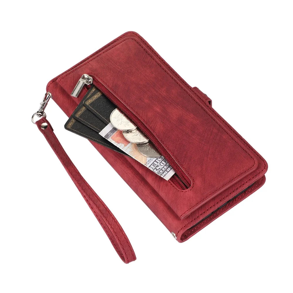 For Samsung Galaxy S25 Ultra Case Zipper Pocket 9 Card Slots PU Leather Phone Cover with Wrist Strap - Red - 7
