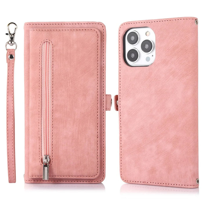 For iPhone 16 Pro Max Case Zipper Pocket 9 Card Slots PU Leather Phone Cover with Wrist Strap - Rose Gold - 1