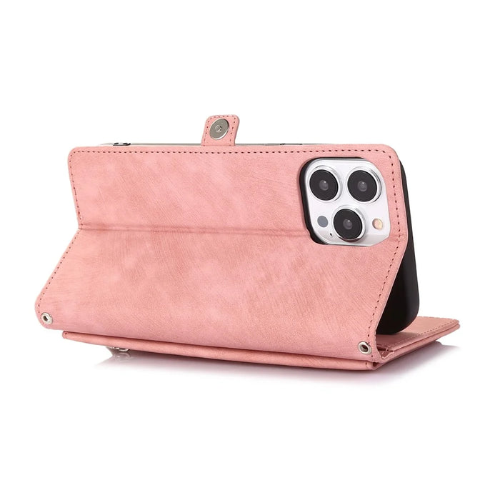For iPhone 16 Pro Max Case Zipper Pocket 9 Card Slots PU Leather Phone Cover with Wrist Strap - Rose Gold - 3