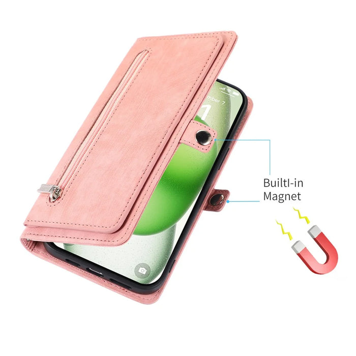 For iPhone 16 Pro Max Case Zipper Pocket 9 Card Slots PU Leather Phone Cover with Wrist Strap - Rose Gold - 6