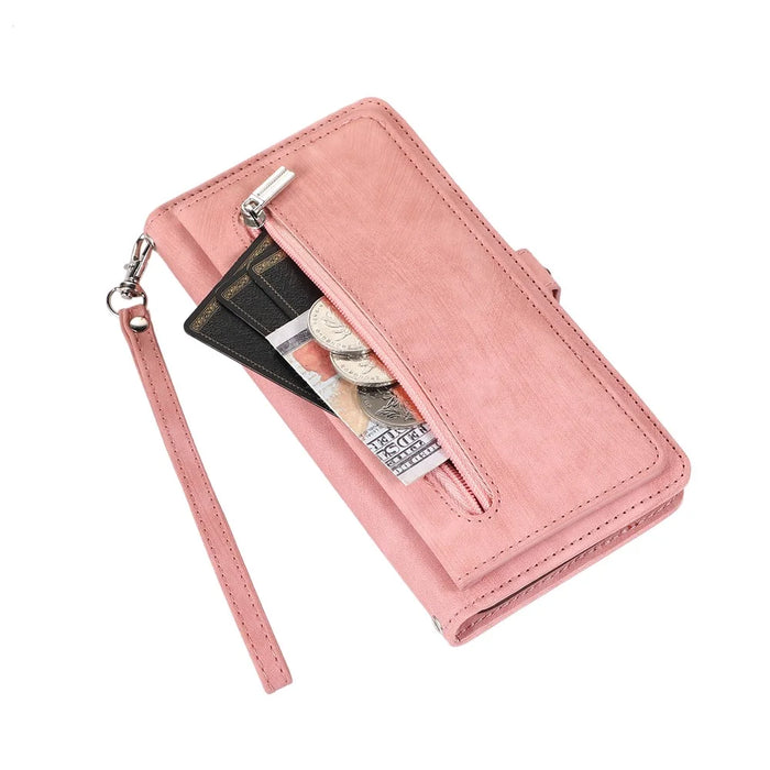 For iPhone 16 Pro Max Case Zipper Pocket 9 Card Slots PU Leather Phone Cover with Wrist Strap - Rose Gold - 7
