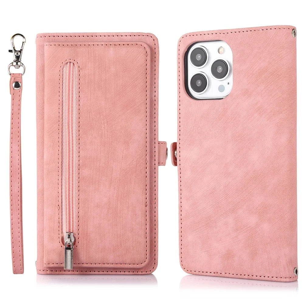 For iPhone 16 Pro Case Zipper Pocket 9 Card Slots PU Leather Phone Cover with Wrist Strap - Rose Gold - 1