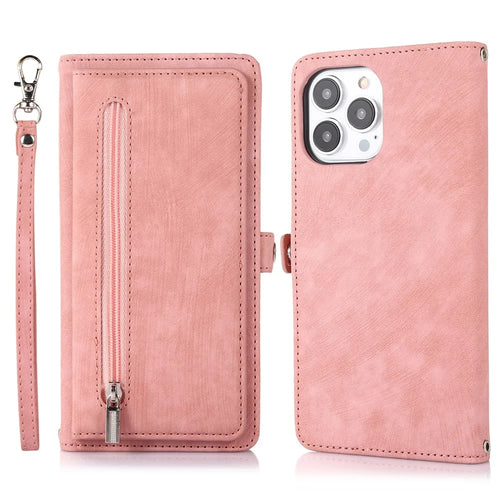 For iPhone 16 Pro Case Zipper Pocket 9 Card Slots PU Leather Phone Cover with Wrist Strap - Rose Gold - 1