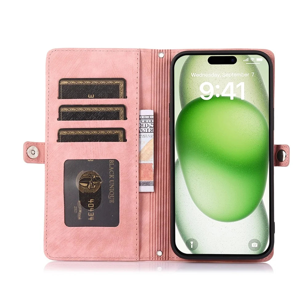 For iPhone 16 Pro Case Zipper Pocket 9 Card Slots PU Leather Phone Cover with Wrist Strap - Rose Gold - 2