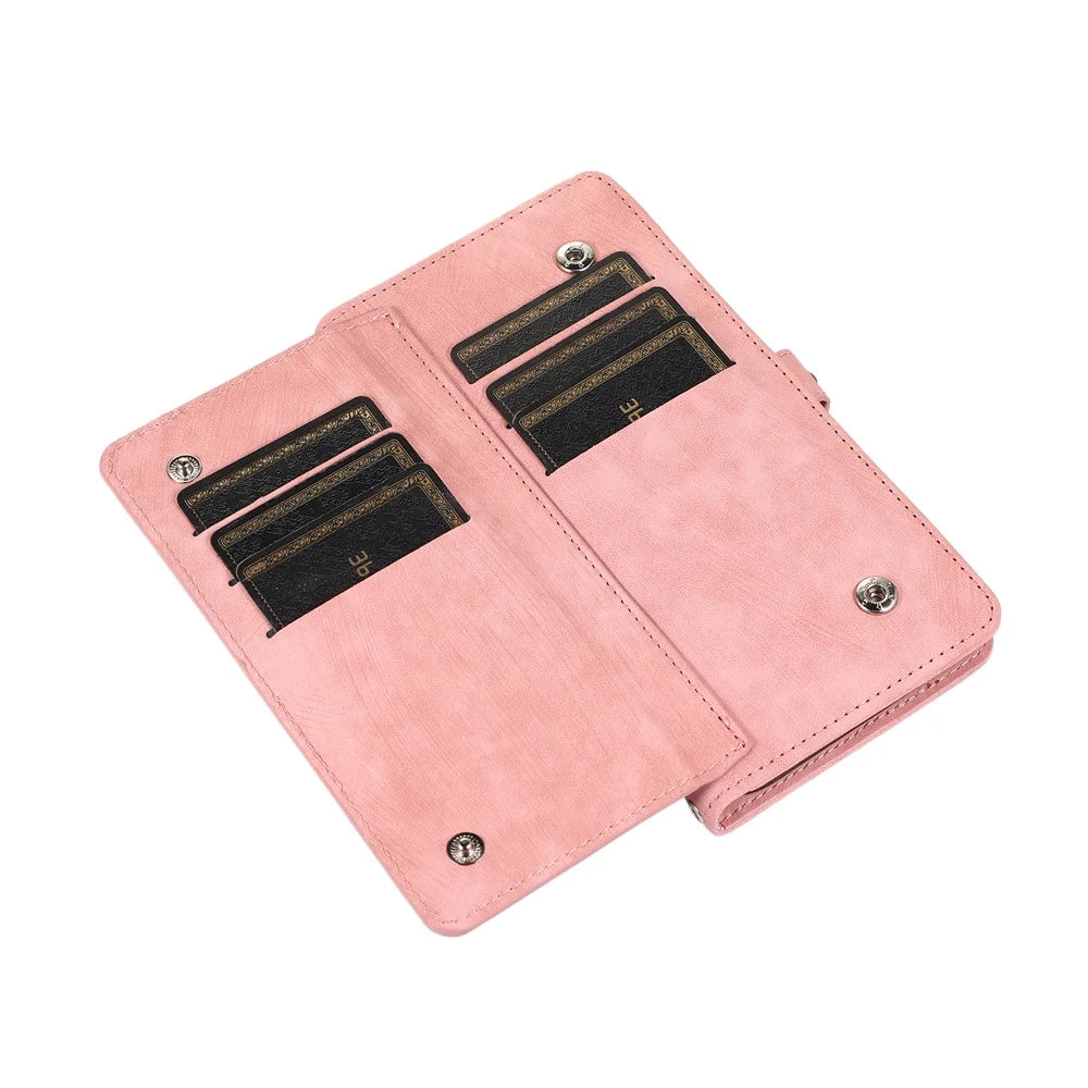For iPhone 16 Pro Case Zipper Pocket 9 Card Slots PU Leather Phone Cover with Wrist Strap - Rose Gold - 5