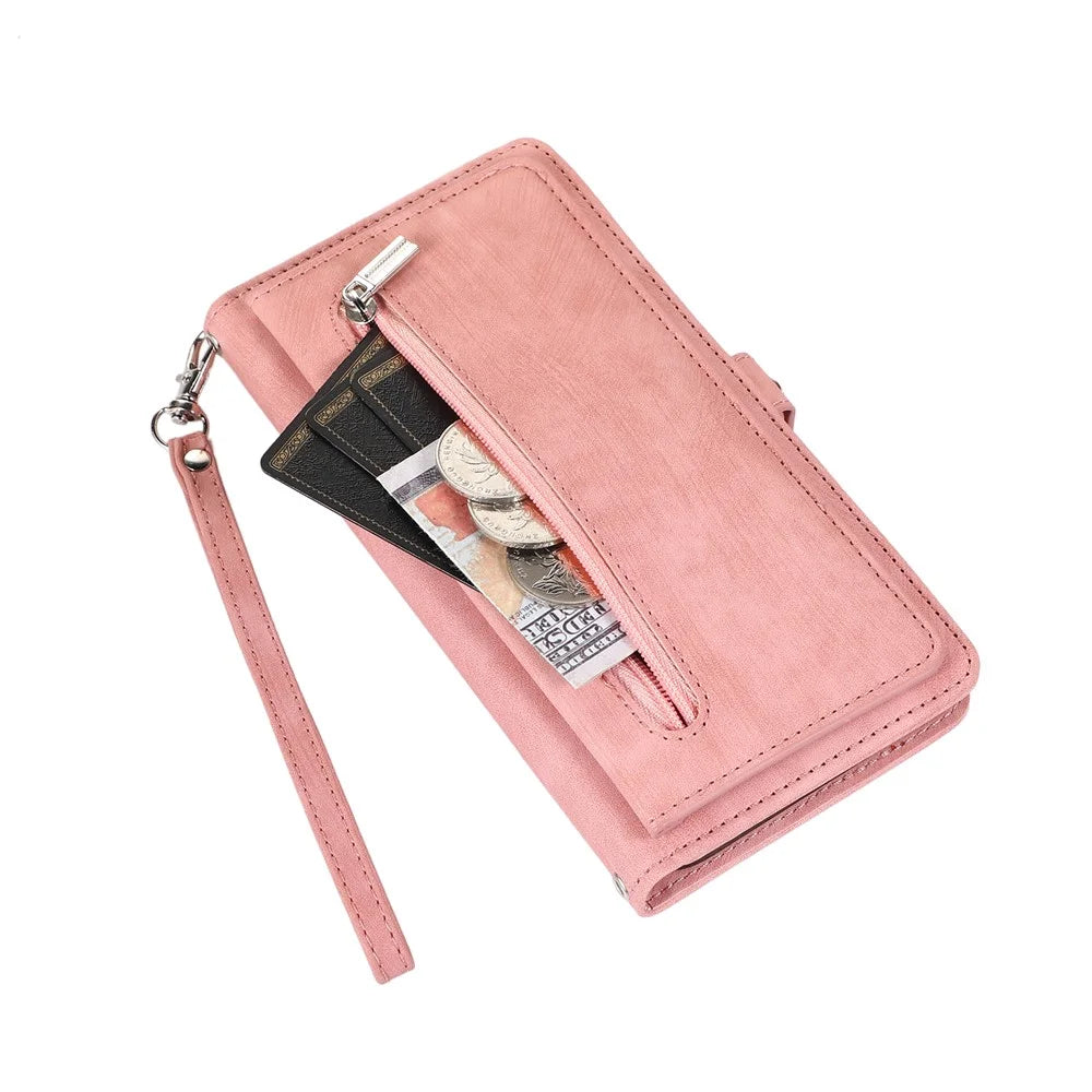 For iPhone 16 Pro Case Zipper Pocket 9 Card Slots PU Leather Phone Cover with Wrist Strap - Rose Gold - 7