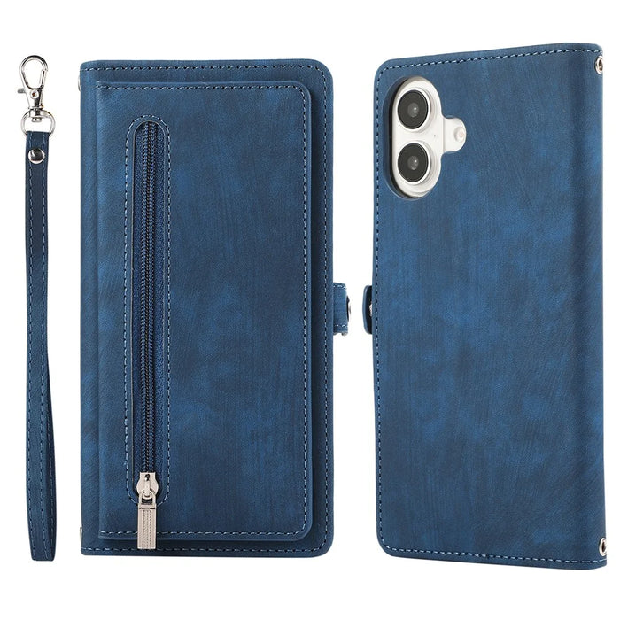 For iPhone 16 Case Zipper Pocket 9 Card Slots PU Leather Phone Cover with Wrist Strap - Blue - 1