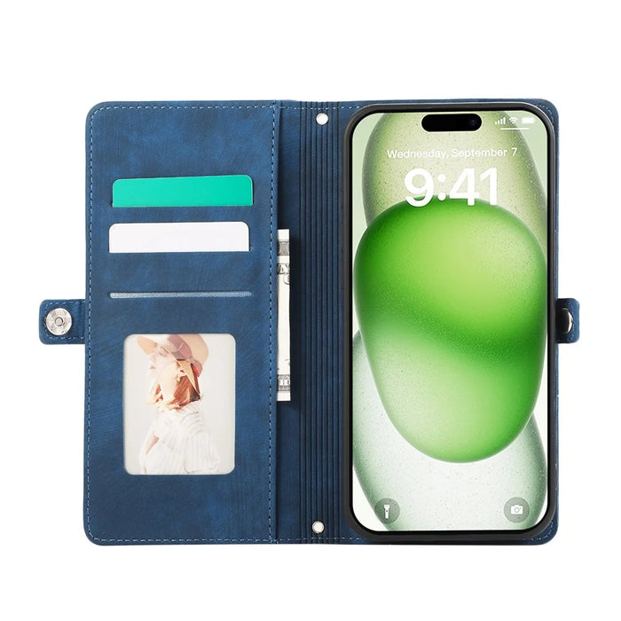 For iPhone 16 Case Zipper Pocket 9 Card Slots PU Leather Phone Cover with Wrist Strap - Blue - 2