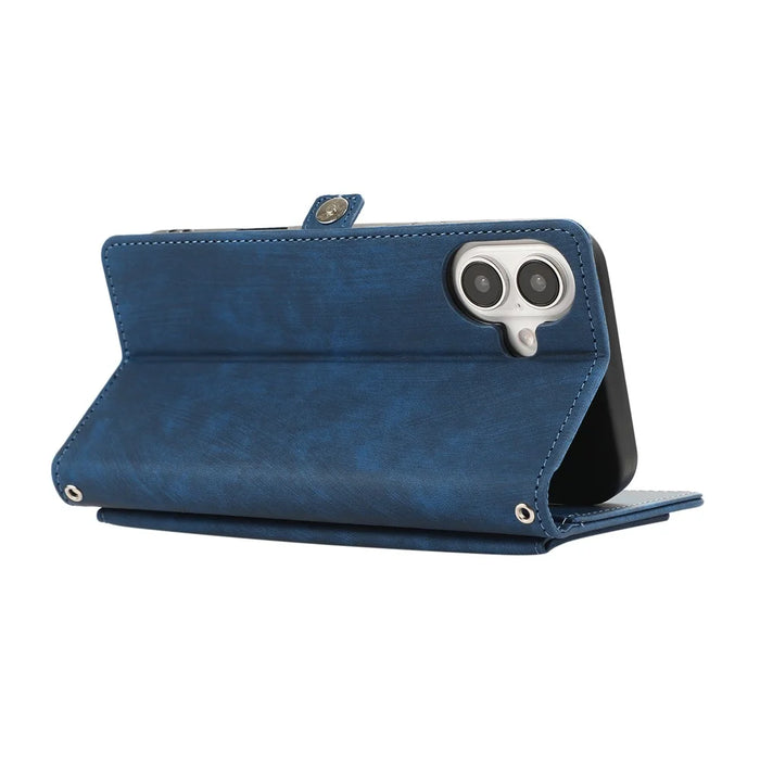 For iPhone 16 Case Zipper Pocket 9 Card Slots PU Leather Phone Cover with Wrist Strap - Blue - 4
