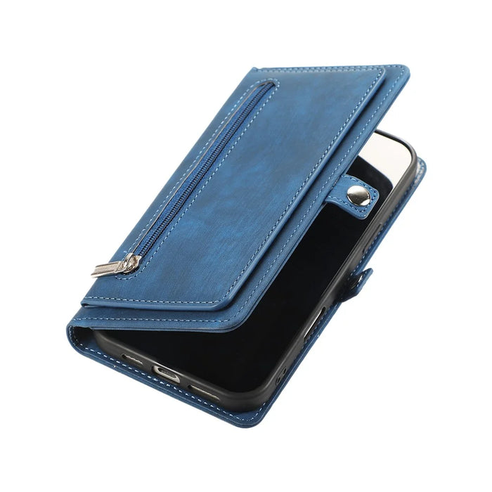 For iPhone 16 Case Zipper Pocket 9 Card Slots PU Leather Phone Cover with Wrist Strap - Blue - 6