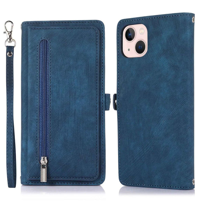 For iPhone 15 Case Zipper Pocket 9 Card Slots PU Leather Phone Cover with Wrist Strap - Blue - 1