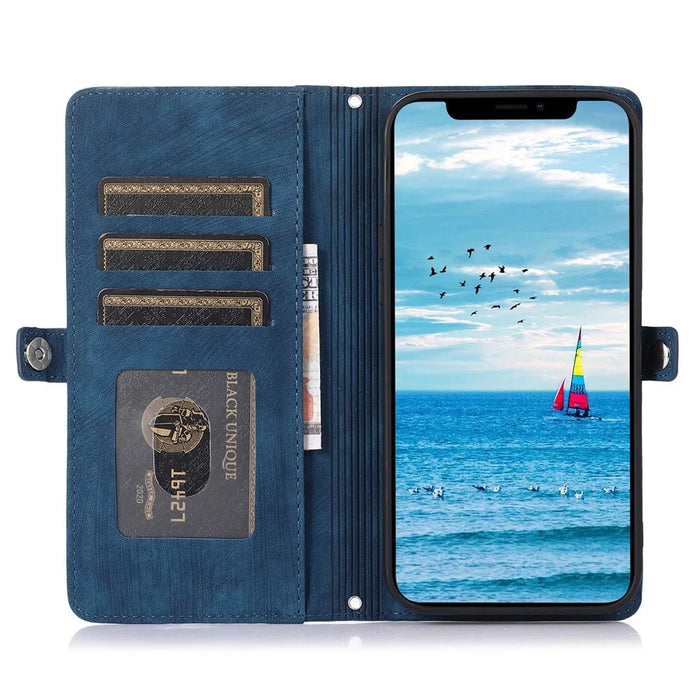 For iPhone 15 Case Zipper Pocket 9 Card Slots PU Leather Phone Cover with Wrist Strap - Blue - 3